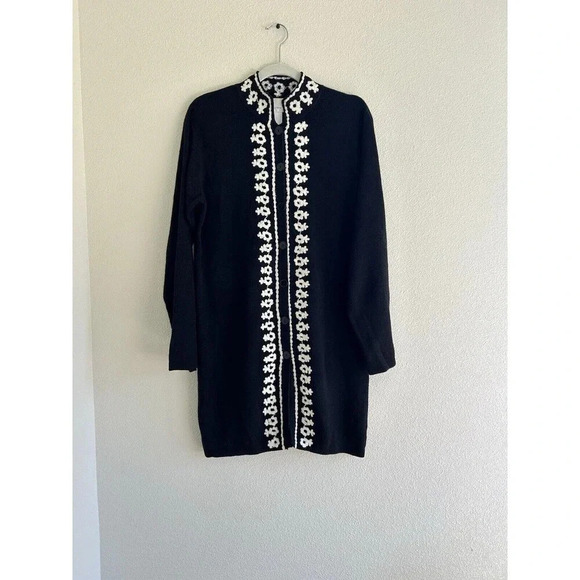 Susan Graver Sweaters - Susan Graver Long Ramie Cotton Knit Cardigan Floral Embroidered Black